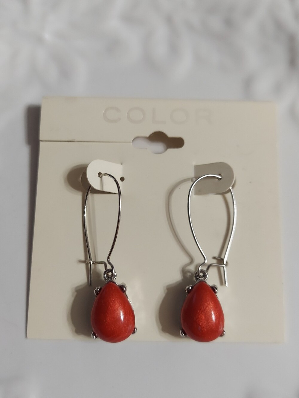 'Color' Polished Silver Tone/Faux Coral Teardrop Earrings